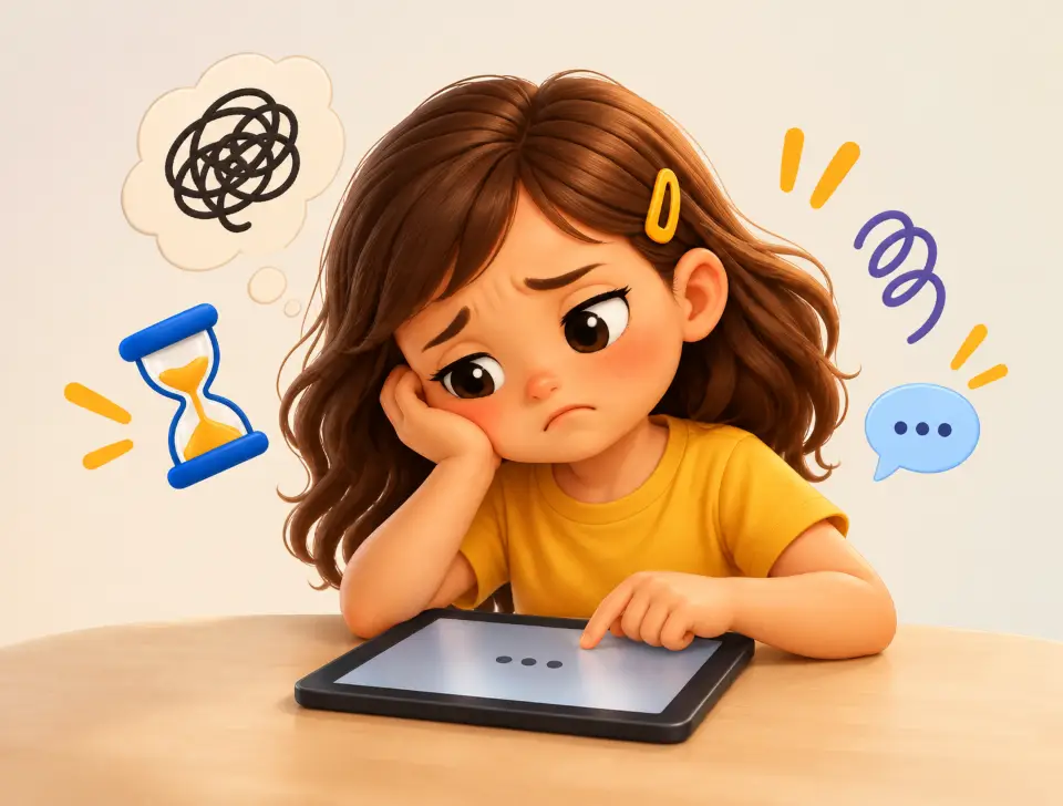 Niña aburrida apoyada en la mesa frente a una tablet, con un reloj de arena y un globo de pensamiento enredado