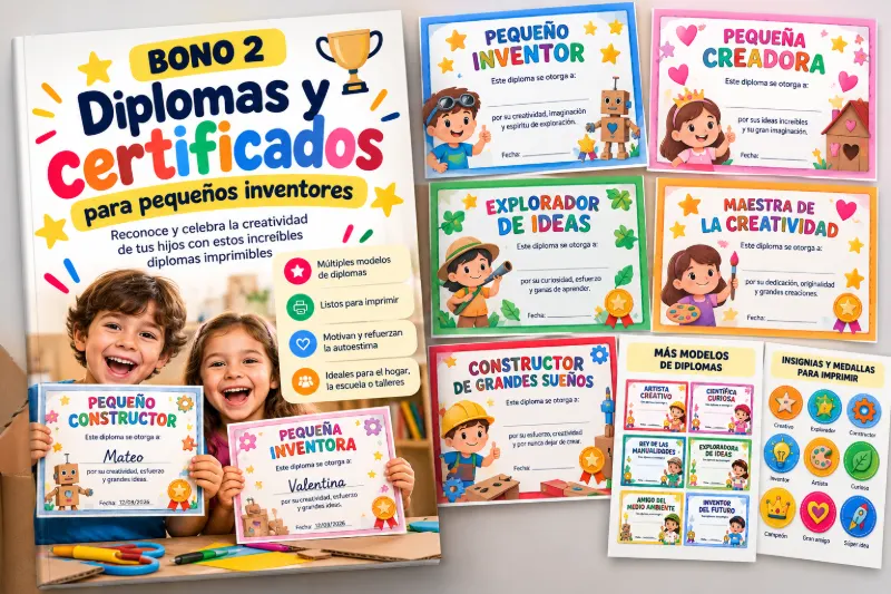 Portada del bono Diplomas y certificados para pequeños inventores, con modelos para imprimir