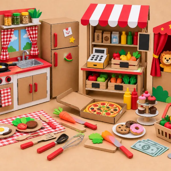 Cocinita, tiendita y teatro de títeres hechos en casa