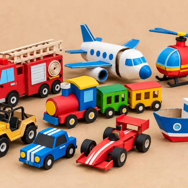 Carritos, trenes y aviones caseros hechos con cajas y rollos de papel