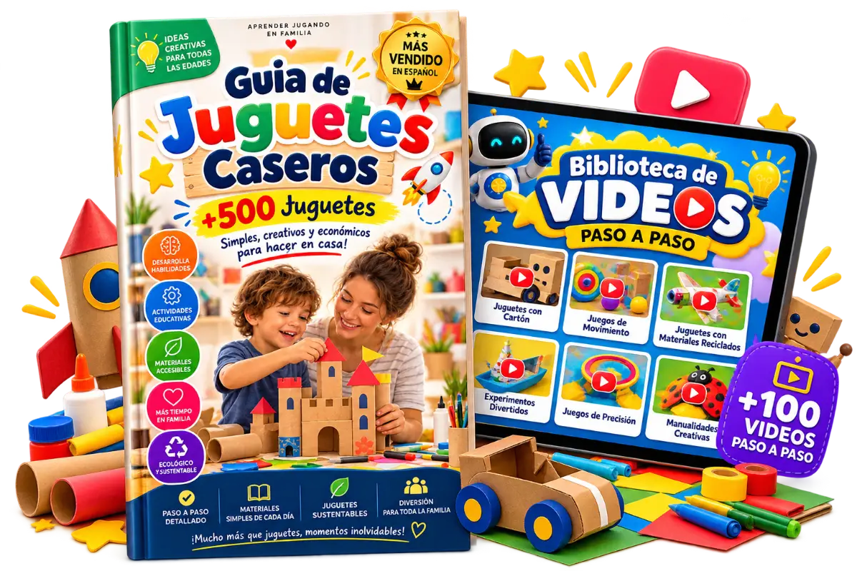 Portada de la Guía de Juguetes Caseros y tablet con la biblioteca de videos paso a paso, rodeadas de juguetes caseros
